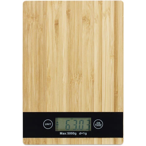 Relaxdays Bamboo Kitchen Scale, LCD Display, Touch, Tare Function, 5 Kg, Digital, WxD: 23 X 16 Cm, Brown 1 Relaxdays Bamboo Kitchen Scale, LCD Display, Touch, Tare Function, 5 Kg, Digital, WxD: 23 X 16 Cm, Brown