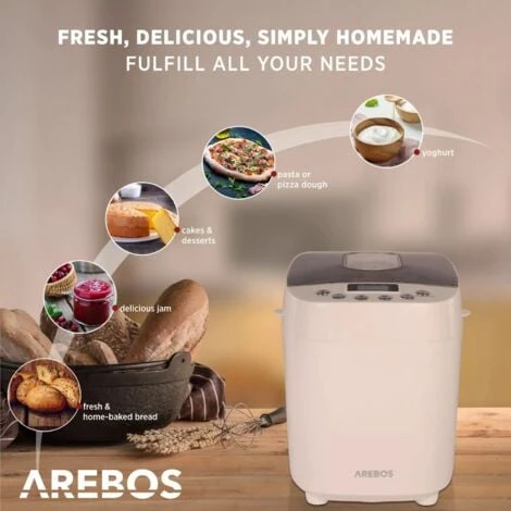 AREBOS Bread Maker 1500g With 15 Programs 2 Dough Hooks Timer LCD Display 3 Browning Degrees And Bread Sizes 850 W White 2 AREBOS Bread Maker 1500g With 15 Programs 2 Dough Hooks Timer LCD Display 3 Browning Degrees And Bread Sizes 850 W White - Image 2