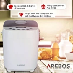 AREBOS Bread Maker 1500g With 15 Programs 2 Dough Hooks Timer LCD Display 3 Browning Degrees And Bread Sizes 850 W White 7 AREBOS Bread Maker 1500g With 15 Programs 2 Dough Hooks Timer LCD Display 3 Browning Degrees And Bread Sizes 850 W White -Kitchen Appliances Store 28598327 3