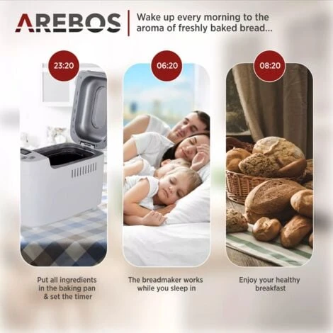 AREBOS Bread Maker 1500g With 15 Programs 2 Dough Hooks Timer LCD Display 3 Browning Degrees And Bread Sizes 850 W White 4 AREBOS Bread Maker 1500g With 15 Programs 2 Dough Hooks Timer LCD Display 3 Browning Degrees And Bread Sizes 850 W White - Image 4