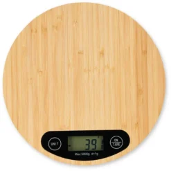 Relaxdays Kitchen Scale Digital, Bamboo, LCD Display, Tare, 5 Kg, Circular Design, 20 Cm Diameter, Natural Wood Colour