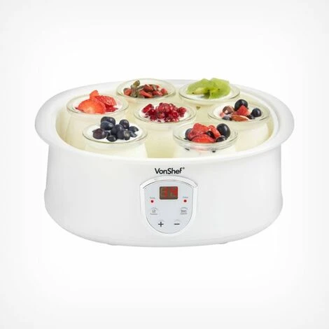 VonShef Automatic Digital Yoghurt Maker Electric With Digital LCD Display Screen, Temperature Settings, 7 X 200ml Jars & Lids For Natural Healthy, Sweet, Homemade Desserts - 1.5L Capacity - White 1 VonShef Automatic Digital Yoghurt Maker Electric With Digital LCD Display Screen, Temperature Settings, 7 X 200ml Jars & Lids For Natural Healthy, Sweet, Homemade Desserts - 1.5L Capacity - White