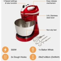 VonShef 2 In 1 Twin Hand & Stand Mixer - 300W Electric, Multifunctional, Red Mixer With 5 Speeds & Turbo Button, 3.5L Bowl & Removable, Dishwasher Safe Attachments (2X Beaters, 2X Dough Hooks & Whisk) -Kitchen Appliances Store 54924560 3