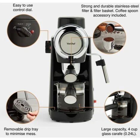 VonShef 4 Bar Espresso Machine - Black Coffee Maker With 4 Cup Capacity, Removable Easy Clean Drip Tray, Stainless Steel Filter, Control Dial & Milk Frothing For Espressos, Cappuccinos & Lattes - 800W 2 VonShef 4 Bar Espresso Machine - Black Coffee Maker With 4 Cup Capacity, Removable Easy Clean Drip Tray, Stainless Steel Filter, Control Dial & Milk Frothing For Espressos, Cappuccinos & Lattes - 800W - Image 2