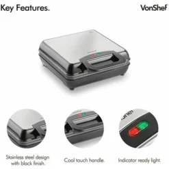 VonShef Waffle Maker, Large Quad Belgian Sweet & Savoury Cooker Easy Clean Non-Stick Coated Plates, Cool Touch Handles & Automatic Temperature Control, Compact, Portable Stainless Steel Design – 1100W -Kitchen Appliances Store 54925317 4