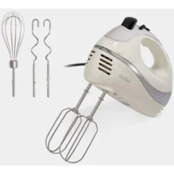 VonShef Professional 300W Hand Mixer, Cream, Includes Chrome Beaters, Dough Hooks, Balloon Whisk + 5 Speed With Turbo Button