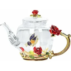 Glass Teapot - 280 Ml - France Enamel Rose Flower Butterfly Decoration Heat Resistant Glass Teapot Kettle With Strainer For Blooming Tea Loose Leaf Tea (Red, Single Teapot)