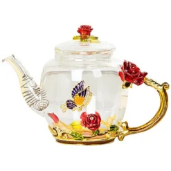 Glass Teapot - 280 Ml - France Enamel Rose Flower Butterfly Decoration Heat Resistant Glass Teapot Kettle With Strainer For Blooming Tea Loose Leaf Tea (Red, Single Teapot) -Kitchen Appliances Store 60699773 3