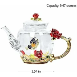 Glass Teapot - 280 Ml - France Enamel Rose Flower Butterfly Decoration Heat Resistant Glass Teapot Kettle With Strainer For Blooming Tea Loose Leaf Tea (Red, Single Teapot) -Kitchen Appliances Store 60699773 4
