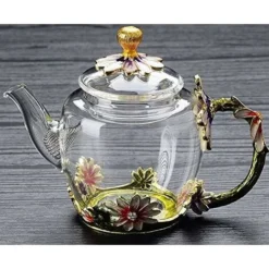 Glass Teapot - 280 Ml (9.47 Oz) - Glass Teapot With France Enamel Chrysanthemum Flower/Heat Resistant Glass Teapot Kettle With Strainer For Blooming Tea, Loose Leaf Tea -Kitchen Appliances Store 60699922 3