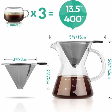Pour Over Coffee Maker With Stainless Steel Filter, Borosilicate Glass Carafe Manual Coffee Dripper Brewer With Handle, No Paper Filters Needed Hand Drip Coffee Maker (400ml) 4 Pour Over Coffee Maker With Stainless Steel Filter, Borosilicate Glass Carafe Manual Coffee Dripper Brewer With Handle, No Paper Filters Needed Hand Drip Coffee Maker (400ml) - Image 4