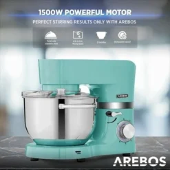 AREBOS Food Processor 1500 W Turquoise Kneading Machine With 2 X Stainless Steel Mixing Bowls Low Noise Kitchen Mixer With Mixing Hook, Dough Hook, Whisk And Splash Guard 6 Speeds -Kitchen Appliances Store 61306736 4