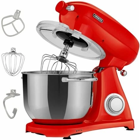 AREBOS Retro Food Processor 1800 W Red Kneading Machine With 6L Stainless Steel Mixing Bowl Low Noise Kitchen Mixer With Mixing Hook, Dough Hook, Whisk And Splash Guard 6 Speeds 1 AREBOS Retro Food Processor 1800 W Red Kneading Machine With 6L Stainless Steel Mixing Bowl Low Noise Kitchen Mixer With Mixing Hook, Dough Hook, Whisk And Splash Guard 6 Speeds