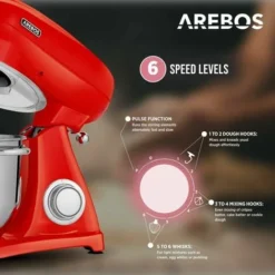AREBOS Retro Food Processor 1800 W Red Kneading Machine With 6L Stainless Steel Mixing Bowl Low Noise Kitchen Mixer With Mixing Hook, Dough Hook, Whisk And Splash Guard 6 Speeds 7 AREBOS Retro Food Processor 1800 W Red Kneading Machine With 6L Stainless Steel Mixing Bowl Low Noise Kitchen Mixer With Mixing Hook, Dough Hook, Whisk And Splash Guard 6 Speeds -Kitchen Appliances Store 61306737 3