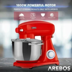 AREBOS Retro Food Processor 1800 W Red Kneading Machine With 6L Stainless Steel Mixing Bowl Low Noise Kitchen Mixer With Mixing Hook, Dough Hook, Whisk And Splash Guard 6 Speeds 8 AREBOS Retro Food Processor 1800 W Red Kneading Machine With 6L Stainless Steel Mixing Bowl Low Noise Kitchen Mixer With Mixing Hook, Dough Hook, Whisk And Splash Guard 6 Speeds -Kitchen Appliances Store 61306737 4