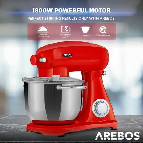 AREBOS Retro Food Processor 1800 W Red Kneading Machine With 6L Stainless Steel Mixing Bowl Low Noise Kitchen Mixer With Mixing Hook, Dough Hook, Whisk And Splash Guard 6 Speeds 4 AREBOS Retro Food Processor 1800 W Red Kneading Machine With 6L Stainless Steel Mixing Bowl Low Noise Kitchen Mixer With Mixing Hook, Dough Hook, Whisk And Splash Guard 6 Speeds - Image 4