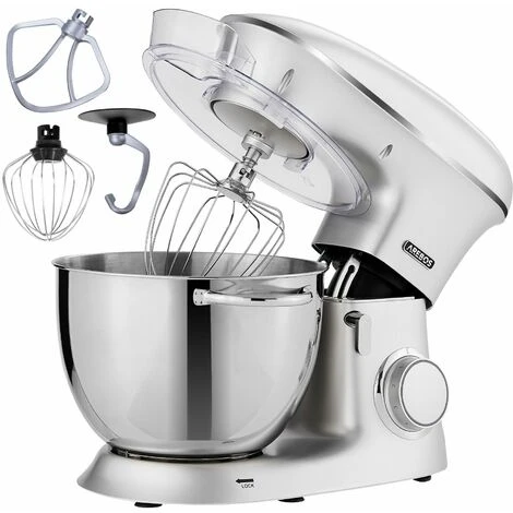 AREBOS Food Processor 1500 W Kneading Machine With 8 L Stainless Steel Mixing Bowl Low Noise Kitchen Mixer With Stirring Hook, Dough Hook, Whisk, Splash Guard 6 Speeds Dough Machine Silver 1 AREBOS Food Processor 1500 W Kneading Machine With 8 L Stainless Steel Mixing Bowl Low Noise Kitchen Mixer With Stirring Hook, Dough Hook, Whisk, Splash Guard 6 Speeds Dough Machine Silver