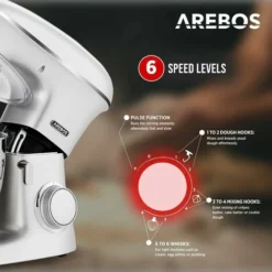 AREBOS Food Processor 1500 W Kneading Machine With 8 L Stainless Steel Mixing Bowl Low Noise Kitchen Mixer With Stirring Hook, Dough Hook, Whisk, Splash Guard 6 Speeds Dough Machine Silver 7 AREBOS Food Processor 1500 W Kneading Machine With 8 L Stainless Steel Mixing Bowl Low Noise Kitchen Mixer With Stirring Hook, Dough Hook, Whisk, Splash Guard 6 Speeds Dough Machine Silver -Kitchen Appliances Store 61306739 3