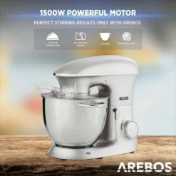 AREBOS Food Processor 1500 W Kneading Machine With 8 L Stainless Steel Mixing Bowl Low Noise Kitchen Mixer With Stirring Hook, Dough Hook, Whisk, Splash Guard 6 Speeds Dough Machine Silver 8 AREBOS Food Processor 1500 W Kneading Machine With 8 L Stainless Steel Mixing Bowl Low Noise Kitchen Mixer With Stirring Hook, Dough Hook, Whisk, Splash Guard 6 Speeds Dough Machine Silver -Kitchen Appliances Store 61306739 4