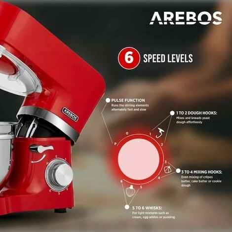 AREBOS Food Processor 1500 W Red Kneading Machine With 2 X Stainless Steel Mixing Bowls Low Noise Kitchen Mixer With Mixing Hook, Dough Hook, Whisk And Splash Guard 6 Speeds 3 AREBOS Food Processor 1500 W Red Kneading Machine With 2 X Stainless Steel Mixing Bowls Low Noise Kitchen Mixer With Mixing Hook, Dough Hook, Whisk And Splash Guard 6 Speeds - Image 3