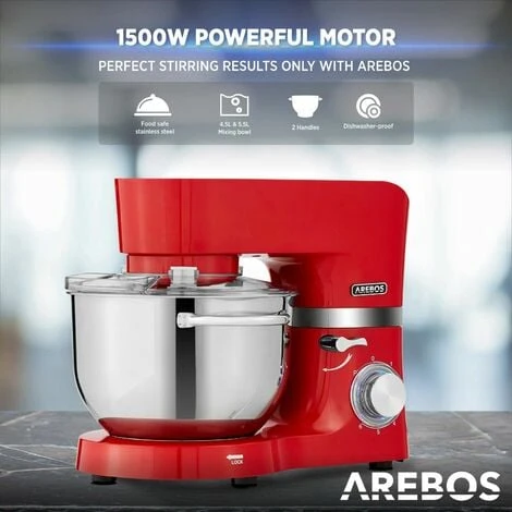 AREBOS Food Processor 1500 W Red Kneading Machine With 2 X Stainless Steel Mixing Bowls Low Noise Kitchen Mixer With Mixing Hook, Dough Hook, Whisk And Splash Guard 6 Speeds 4 AREBOS Food Processor 1500 W Red Kneading Machine With 2 X Stainless Steel Mixing Bowls Low Noise Kitchen Mixer With Mixing Hook, Dough Hook, Whisk And Splash Guard 6 Speeds - Image 4