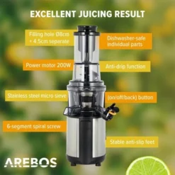 AREBOS Slow Juicer White Or Stainless Steel 45 Mm Filling Opening 200 W BPA Free Drip Stop Function Micro Strainer Dishwasher Safe Includes Cleaning Brush (White) (Stainless Steel) -Kitchen Appliances Store 65711669 3
