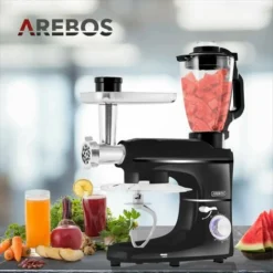 AREBOS 6-in-1 Food Processor 1500 W Black Meat Grinder Blender Pasta Machine Kneading Machine With Stainless Steel Bowl 5.5 L Kitchen Mixer With Mixing Hook, Dough Hook, Whisk, Splash Guard -Kitchen Appliances Store 65711670 4
