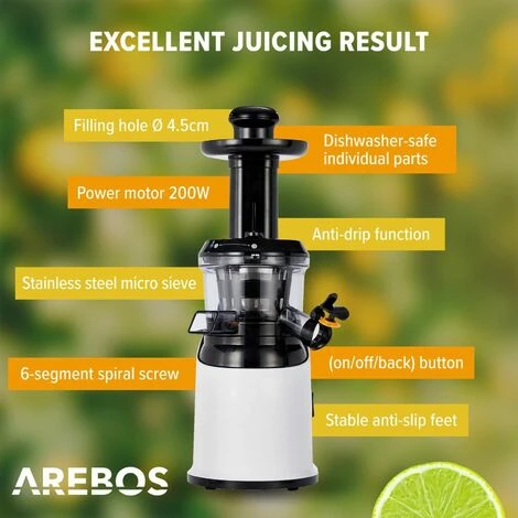 AREBOS Slow Juicer White Or Stainless Steel 45 Mm Filling Opening 200 W BPA Free Drip Stop Function Micro Strainer Dishwasher Safe Includes Cleaning Brush (White) 3 AREBOS Slow Juicer White Or Stainless Steel 45 Mm Filling Opening 200 W BPA Free Drip Stop Function Micro Strainer Dishwasher Safe Includes Cleaning Brush (White) - Image 3