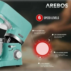 AREBOS Food Processor 1500 W Turquoise Kneading Machine With 2 X Stainless Steel Mixing Bowls 4.5 & 5.5 L Low Noise Kitchen Mixer With Mixing Hook, Dough Hook, Whisk And Splash Guard 6 Speeds 7 AREBOS Food Processor 1500 W Turquoise Kneading Machine With 2 X Stainless Steel Mixing Bowls 4.5 & 5.5 L Low Noise Kitchen Mixer With Mixing Hook, Dough Hook, Whisk And Splash Guard 6 Speeds -Kitchen Appliances Store 65711700 3