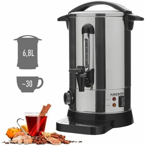 AREBOS Mulled Wine Maker 950 W Hot Beverage Dispenser 6.8 L With Drip Tray, Outlet Tap, Thermostat And Overheating Protection Temperature Setting From 30-110°C 1 AREBOS Mulled Wine Maker 950 W Hot Beverage Dispenser 6.8 L With Drip Tray, Outlet Tap, Thermostat And Overheating Protection Temperature Setting From 30-110°C