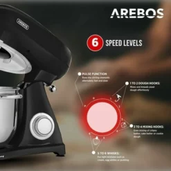 AREBOS Retro Food Processor 1800 W Black Kneading Machine With 6 L Stainless Steel Mixing Bowl Low Noise Kitchen Mixer With Stirring Hook, Dough Hook, Whisk And Splash Guard 6 Speeds -Kitchen Appliances Store 66438937 3