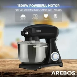 AREBOS Retro Food Processor 1800 W Black Kneading Machine With 6 L Stainless Steel Mixing Bowl Low Noise Kitchen Mixer With Stirring Hook, Dough Hook, Whisk And Splash Guard 6 Speeds -Kitchen Appliances Store 66438937 4