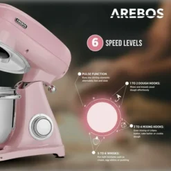 AREBOS Retro Kitchen Machine 1800W Pink Mixer With 6L Stainless Steel Mixing Bowl Silent Kitchen Mixer With Mixing Hook, Dough Hook, Whisk And Splash Guard 6 Speeds 7 AREBOS Retro Kitchen Machine 1800W Pink Mixer With 6L Stainless Steel Mixing Bowl Silent Kitchen Mixer With Mixing Hook, Dough Hook, Whisk And Splash Guard 6 Speeds -Kitchen Appliances Store 66438938 3