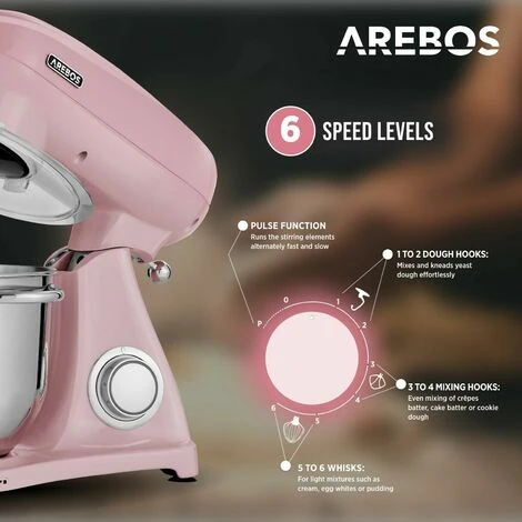 AREBOS Retro Kitchen Machine 1800W Pink Mixer With 6L Stainless Steel Mixing Bowl Silent Kitchen Mixer With Mixing Hook, Dough Hook, Whisk And Splash Guard 6 Speeds 3 AREBOS Retro Kitchen Machine 1800W Pink Mixer With 6L Stainless Steel Mixing Bowl Silent Kitchen Mixer With Mixing Hook, Dough Hook, Whisk And Splash Guard 6 Speeds - Image 3