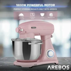 AREBOS Retro Kitchen Machine 1800W Pink Mixer With 6L Stainless Steel Mixing Bowl Silent Kitchen Mixer With Mixing Hook, Dough Hook, Whisk And Splash Guard 6 Speeds 8 AREBOS Retro Kitchen Machine 1800W Pink Mixer With 6L Stainless Steel Mixing Bowl Silent Kitchen Mixer With Mixing Hook, Dough Hook, Whisk And Splash Guard 6 Speeds -Kitchen Appliances Store 66438938 4