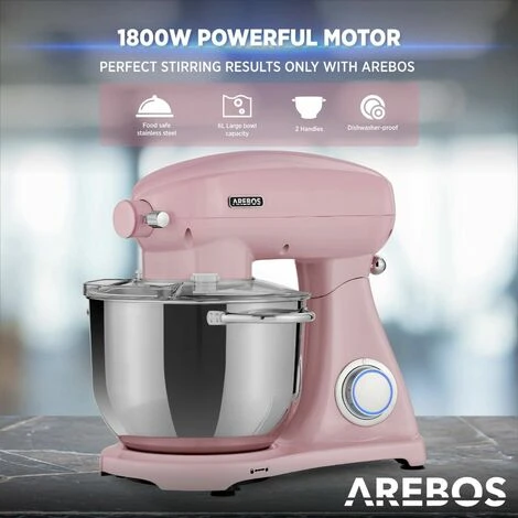 AREBOS Retro Kitchen Machine 1800W Pink Mixer With 6L Stainless Steel Mixing Bowl Silent Kitchen Mixer With Mixing Hook, Dough Hook, Whisk And Splash Guard 6 Speeds 4 AREBOS Retro Kitchen Machine 1800W Pink Mixer With 6L Stainless Steel Mixing Bowl Silent Kitchen Mixer With Mixing Hook, Dough Hook, Whisk And Splash Guard 6 Speeds - Image 4