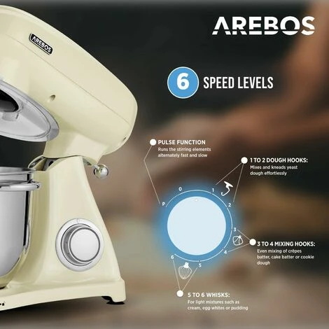 AREBOS Retro Food Processor 1800 W Cream Kneading Machine With 6L Stainless Steel Mixing Bowl Low Noise Kitchen Mixer With Mixing Hook, Dough Hook, Whisk And Splash Guard 6 Speeds 3 AREBOS Retro Food Processor 1800 W Cream Kneading Machine With 6L Stainless Steel Mixing Bowl Low Noise Kitchen Mixer With Mixing Hook, Dough Hook, Whisk And Splash Guard 6 Speeds - Image 3