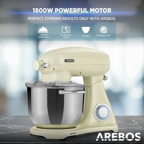 AREBOS Retro Food Processor 1800 W Cream Kneading Machine With 6L Stainless Steel Mixing Bowl Low Noise Kitchen Mixer With Mixing Hook, Dough Hook, Whisk And Splash Guard 6 Speeds 4 AREBOS Retro Food Processor 1800 W Cream Kneading Machine With 6L Stainless Steel Mixing Bowl Low Noise Kitchen Mixer With Mixing Hook, Dough Hook, Whisk And Splash Guard 6 Speeds - Image 4