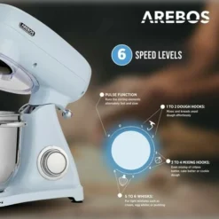AREBOS Retro Food Processor 1800W Blue Mixer With 6L Stainless Steel Mixing Bowl Silent Kitchen Mixer With Mixing Hook, Dough Hook, Whisk And Splash Guard 6 Speeds -Kitchen Appliances Store 66438944 3
