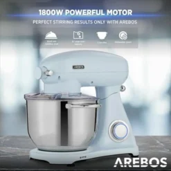 AREBOS Retro Food Processor 1800W Blue Mixer With 6L Stainless Steel Mixing Bowl Silent Kitchen Mixer With Mixing Hook, Dough Hook, Whisk And Splash Guard 6 Speeds -Kitchen Appliances Store 66438944 4