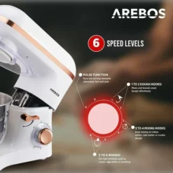 AREBOS Stand Mixer 1500W With 6L Stainless Steel Mixing Bowl White Rose Gold Incl. Mixing Hook, Dough Hook, Whisk Splash Guard 6 Speeds Kneading Machine Dough Machine -Kitchen Appliances Store 67421057 3
