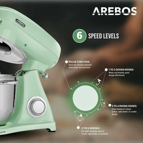 AREBOS Stand Mixer 1800 W Kneading Machine With 5.5 L Stainless Steel Mixing Bowl Low Noise Kitchen Mixer With Mixing Hook, Dough Hook, Whisk And Splash Guard 6 Speeds Dough Machine 3 AREBOS Stand Mixer 1800 W Kneading Machine With 5.5 L Stainless Steel Mixing Bowl Low Noise Kitchen Mixer With Mixing Hook, Dough Hook, Whisk And Splash Guard 6 Speeds Dough Machine - Image 3