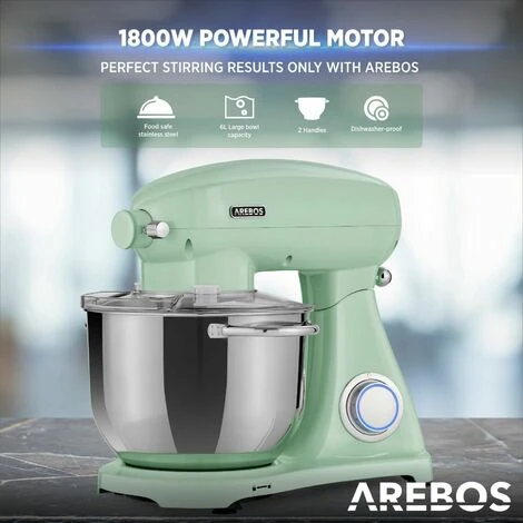 AREBOS Stand Mixer 1800 W Kneading Machine With 5.5 L Stainless Steel Mixing Bowl Low Noise Kitchen Mixer With Mixing Hook, Dough Hook, Whisk And Splash Guard 6 Speeds Dough Machine 4 AREBOS Stand Mixer 1800 W Kneading Machine With 5.5 L Stainless Steel Mixing Bowl Low Noise Kitchen Mixer With Mixing Hook, Dough Hook, Whisk And Splash Guard 6 Speeds Dough Machine - Image 4