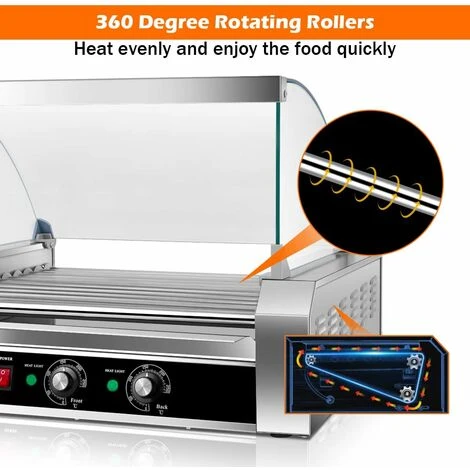 COSTWAY 1400W Hot Dog Roller Machine, 11 Rollers Sausage Grill With 2 Heating Zones, 0-250¡ãC Temperature Adjustment & Tempered Glass Hood, Stainless Steel Electric Roller For Commercial Household 2 COSTWAY 1400W Hot Dog Roller Machine, 11 Rollers Sausage Grill With 2 Heating Zones, 0-250¡ãC Temperature Adjustment & Tempered Glass Hood, Stainless Steel Electric Roller For Commercial Household - Image 2