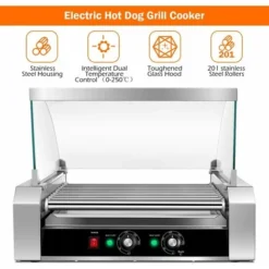 COSTWAY 1400W Hot Dog Roller Machine, 11 Rollers Sausage Grill With 2 Heating Zones, 0-250¡ãC Temperature Adjustment & Tempered Glass Hood, Stainless Steel Electric Roller For Commercial Household 8 COSTWAY 1400W Hot Dog Roller Machine, 11 Rollers Sausage Grill With 2 Heating Zones, 0-250¡ãC Temperature Adjustment & Tempered Glass Hood, Stainless Steel Electric Roller For Commercial Household -Kitchen Appliances Store 74656372 4