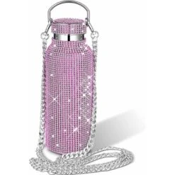 Refillable Water Bottle Insulated Water Bottle Glitter Water Bottle With Chain For Women (Pink, Silver, 750ml)