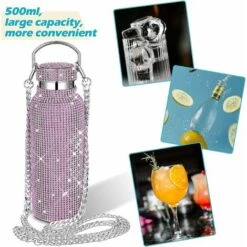 Refillable Water Bottle Insulated Water Bottle Glitter Water Bottle With Chain For Women (Pink, Silver, 750ml) -Kitchen Appliances Store 78703145 3