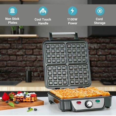 Waffle Maker Iron 4 Slice Non-Stick Electric Belgian Waffle Machine 1000W Geepas 2 Waffle Maker Iron 4 Slice Non-Stick Electric Belgian Waffle Machine 1000W Geepas - Image 2