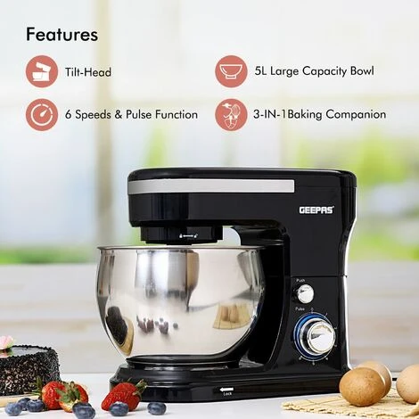 Stand Mixer 5L Mixing Bowl Beater Dough Hook 6Speed 1000W Stainless Steel Geepas 2 Stand Mixer 5L Mixing Bowl Beater Dough Hook 6Speed 1000W Stainless Steel Geepas - Image 2