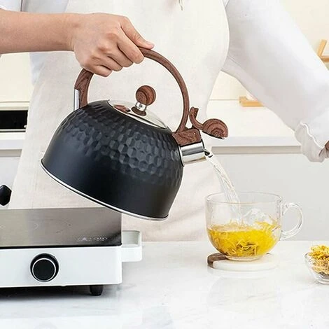 Induction Whistling Kettle 2.5L Black Kettle With Heat Resistant Wooden Handle Vintage Stainless Steel For Induction Cookers Gas Stoves Wood Stoves 5 Induction Whistling Kettle 2.5L Black Kettle With Heat Resistant Wooden Handle Vintage Stainless Steel For Induction Cookers Gas Stoves Wood Stoves - Image 5
